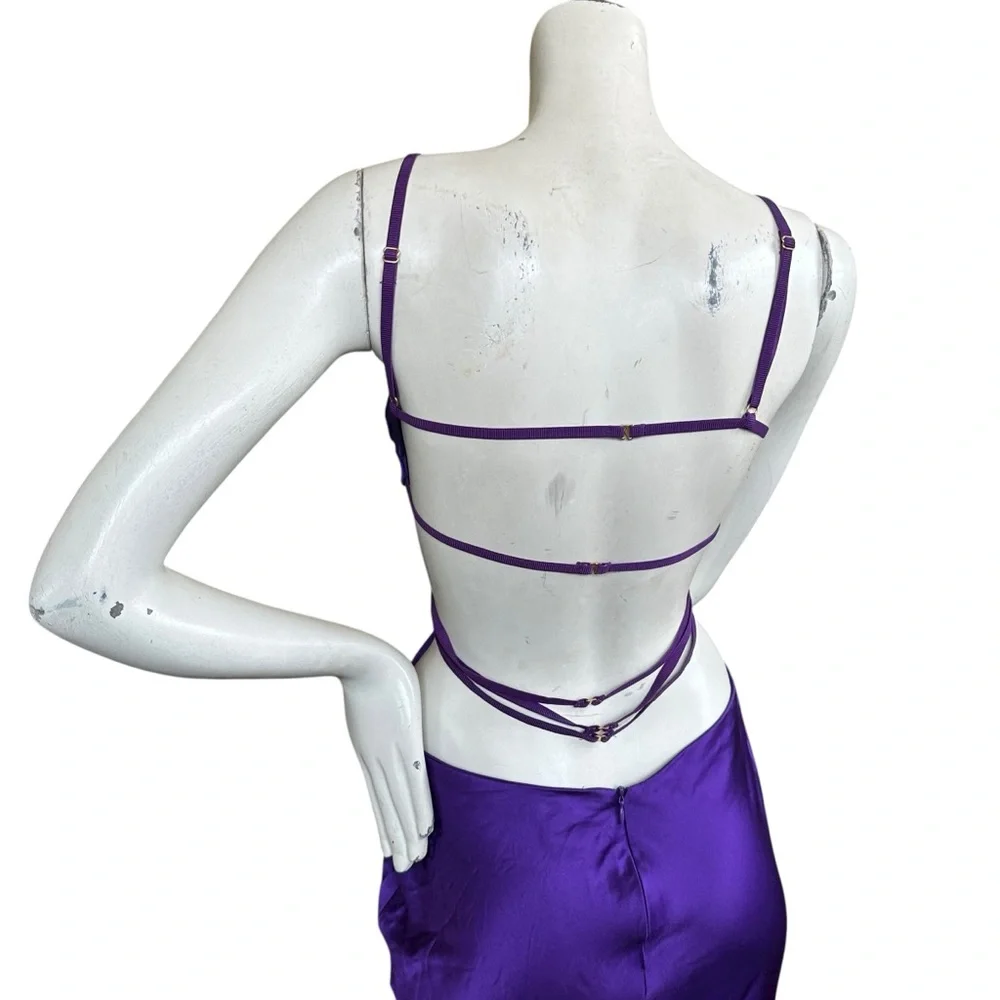 Retrofete Selma Slinky Satin Purple Cutout Low Cut Maxi Gown Size Small